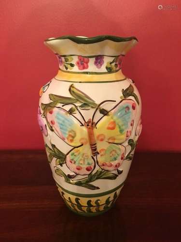 CERAMIC BUTTERFLY PATTERN VASE, HAND PAINTED, 9.25” TALL, RE...