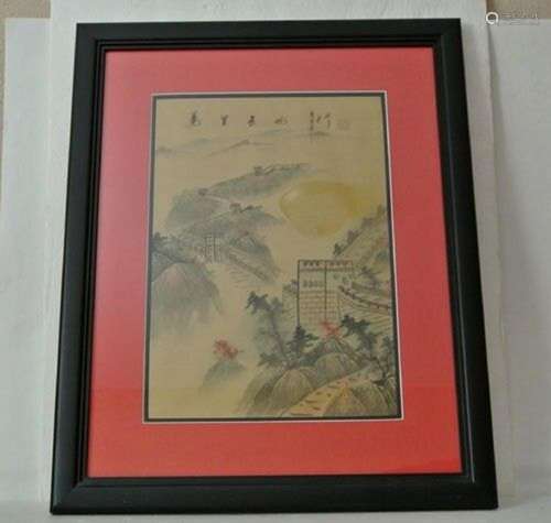 SIGNED Antique Chinese SILK PAINTING Landscape GREAT WALL OF...