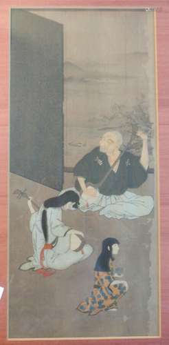 fine antique Japanese scroll painting Shamisen players silk ...