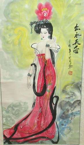 CHINESE GIRL ORIGINAL WATERCOLOR LARGE SCROLL PAINTING SIGNE...