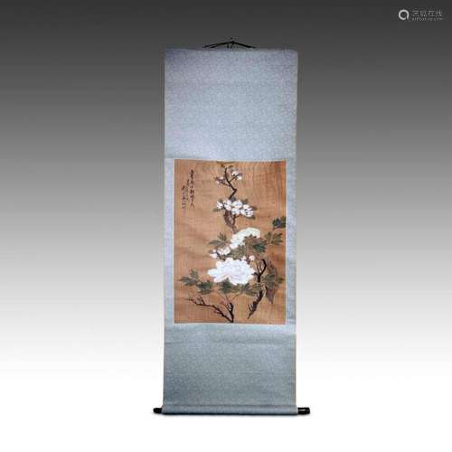 VINTAGE CHINESE SCROLL PAINTING BLOSSOM FLOWER TREE INK PAPE...