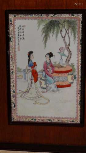 ANTIQUE EARLY 20C CHINESE PORCELAIN PLAQUE "TWO YOUNG G...