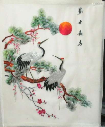 CHINESE CRANE BIRDS SILK EMBROIDERED TAPESTRY SIGNED