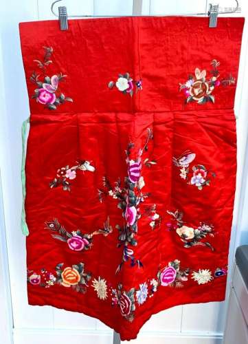 Antique Chinese Robe Part Forbidden Stitch Red Silk Bees But...