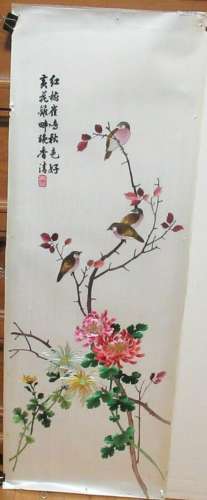 HUGE CHINESE BIRDS ON BLOSSOMS TREE SILK EMBROIDERED TAPESTR...