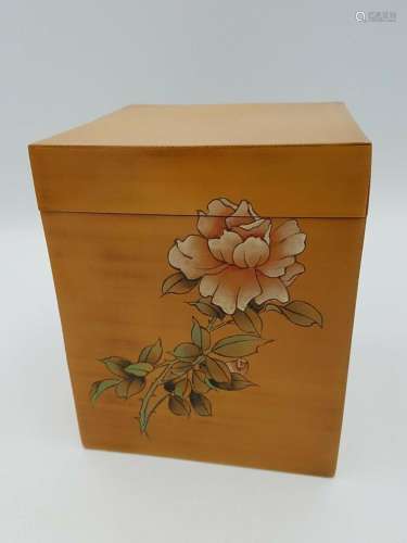 VINTAGE CHINESE SQUARE BAMBOO VENEERED LACQUERED BOX CADDY R...