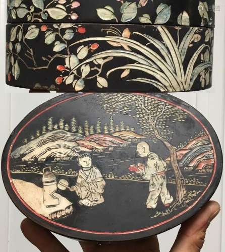 Antique Chinese Lacquered Hand Carved Painted Papier Mache O...