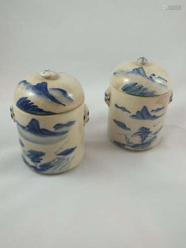 Set of 2 Chinese Hand Painted Double Handled / Lidded Blue &...
