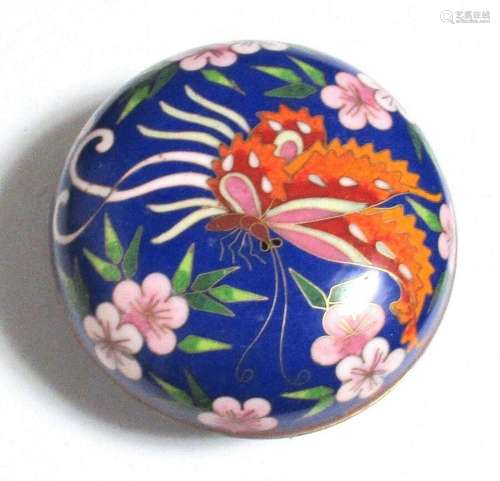 FLORAL ORANGE BUTTERFLY CLOISONNE BLUE ENAMEL TRINKET JAR BO...