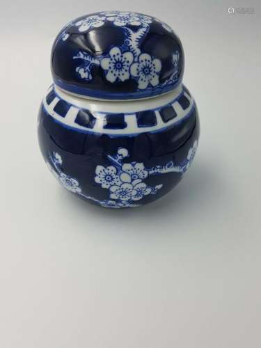CHINESE BLUE & WHITE SMALL PRUNUS GINGER JAR POT HAND PA...