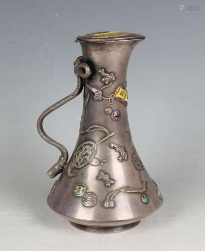 A Japanese silver and enamelled diminutive ewer, Meiji perio...