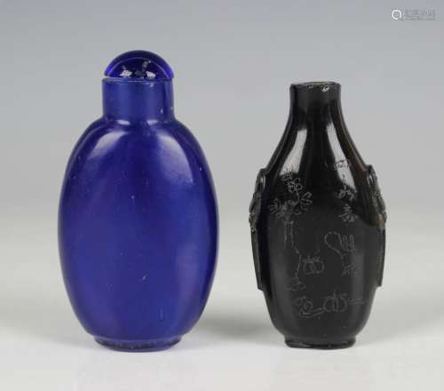 A Chinese blue Peking glass snuff bottle and stopper, probab...