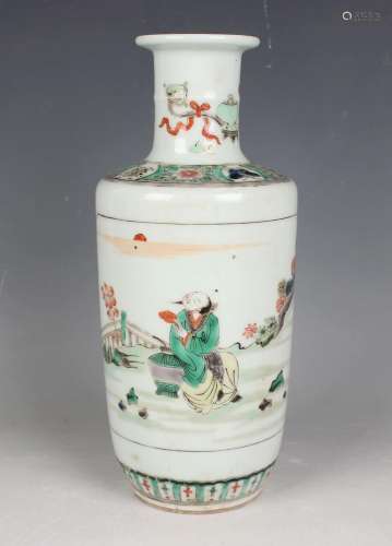 A Chinese famille verte porcelain rouleau vase, Kangxi style...