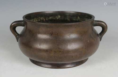 A Chinese brown patinated bronze bombé censer, mark of Xuand...