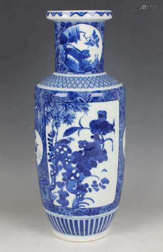 A Chinese blue and white porcelain rouleau vase, Kangxi styl...