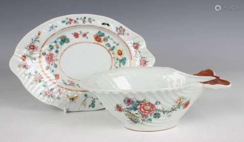 A Chinese famille rose export porcelain sauceboat and stand,...