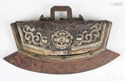 A Tibetan brass mounted leather and steel flint pouch (icag)...