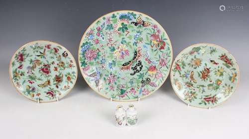 A Chinese Canton famille rose enamelled celadon ground porce...