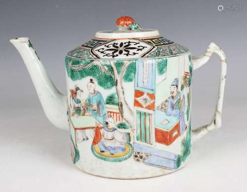 A Chinese famille verte porcelain cylindrical teapot and cov...