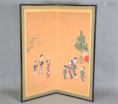 A Japanese two-fold screen, Meiji period, one side painted w...