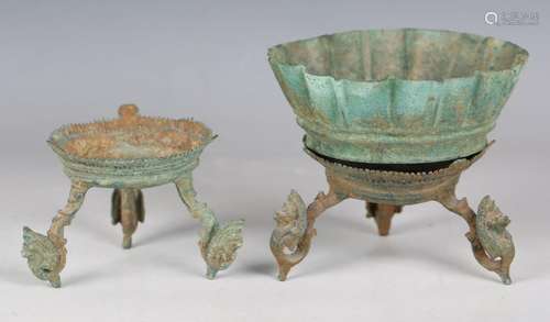 A Khmer verdigris bronze lotus shaped ritual bowl, probably ...