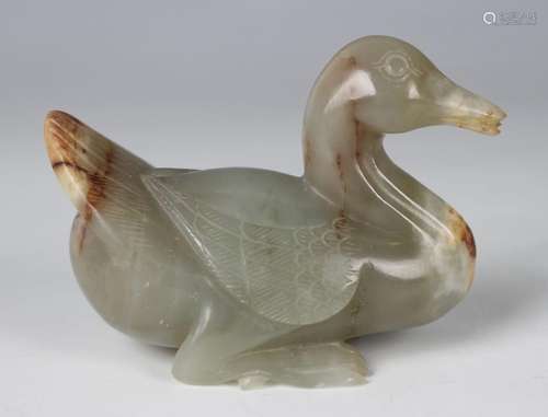 A Chinese pale celadon jade carving of a duck, Qing dynasty ...