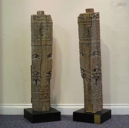 A pair of Indian Gujarat carved wood architectural columns, ...