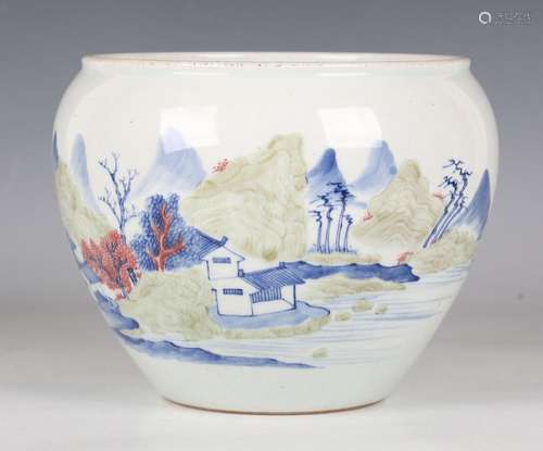 A Chinese underglaze blue and iron red porcelain jardinière,...