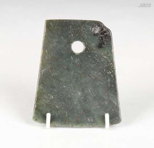 A Chinese archaic spinach green jade axe blade (ge), of rect...