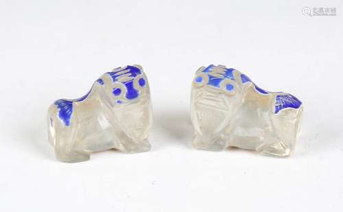 A pair of Chinese blue and white flash overlay cut glass cho...