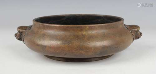 A Chinese brown patinated bronze bombé censer, mark of Xuand...