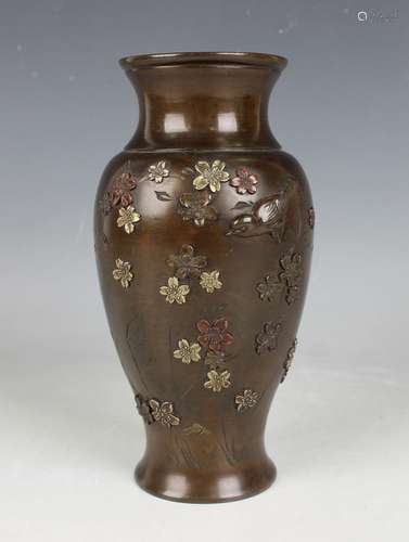 A Japanese brown patinated bronze and mixed metal vase, Meij...