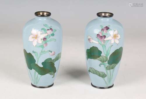 A pair of Japanese cloisonné vases by Katsu, Meiji period, e...