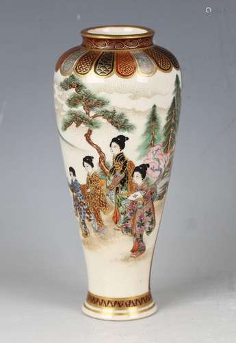 A Japanese Satsuma earthenware vase by Ryozan, of slender ba...