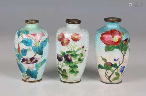 A group of three Japanese ginbari cloisonné enamel vases, Me...