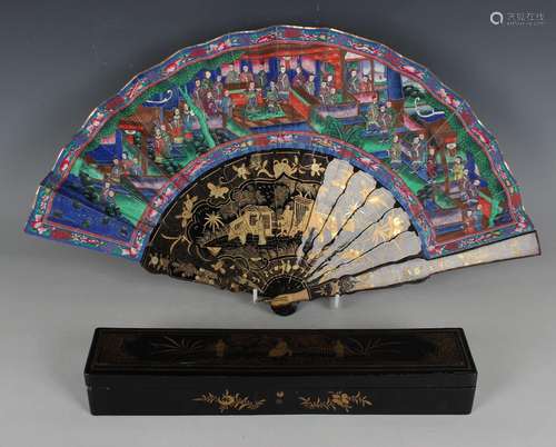 A Chinese Canton export lacquer folding fan, mid-19th centur...