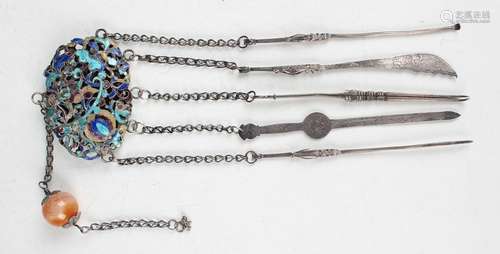 A Chinese silver and enamel chatelaine, late Qing dynasty, p...