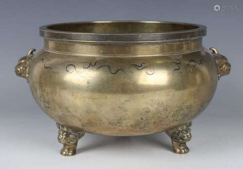 A Chinese inlaid polished bronze censer, late Qing dynasty, ...