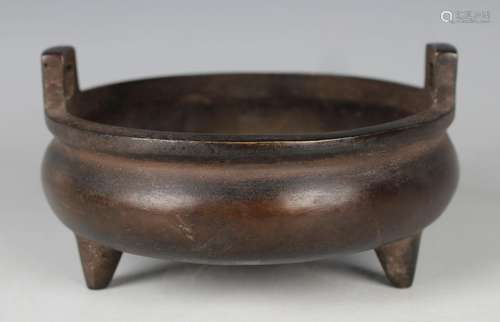 A Chinese brown patinated bronze censer, mark of Xuande but ...