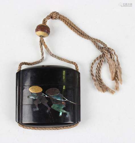 A Japanese inlaid black lacquer two-case inro, Meiji period,...