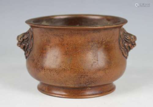 A Chinese brown patinated bronze bombé censer, mark of Xuand...