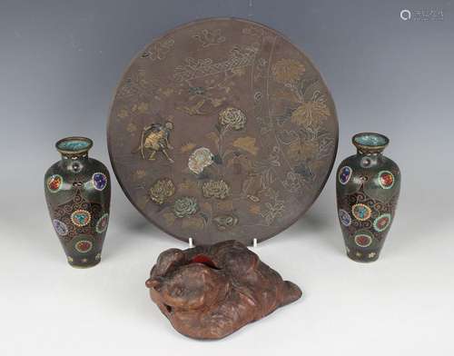 A pair of Japanese cloisonné vases, Meiji period, each decor...