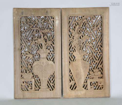 A pair of Chinese carved and pierced wood rectangular window...