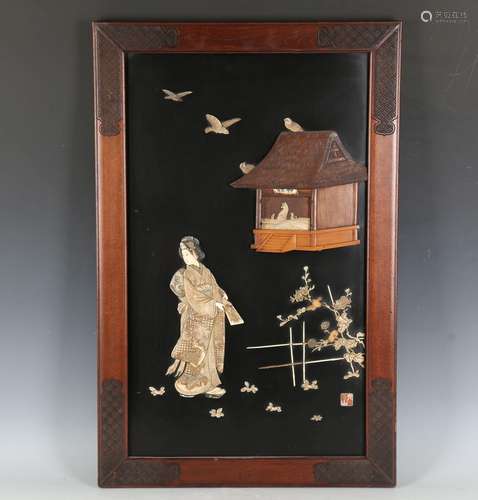 A Japanese inlaid lacquer rectangular panel, early 20th cent...