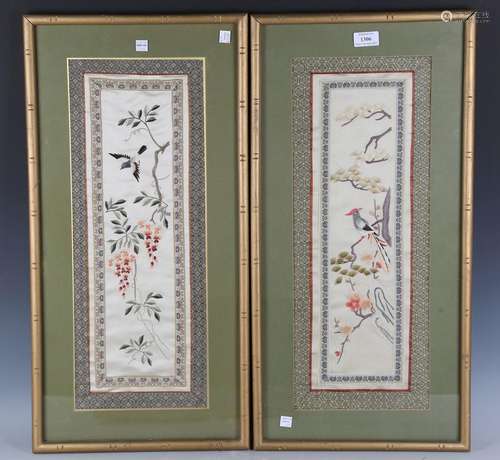 A pair of Chinese silk embroidered sleeve style panels, 20th...