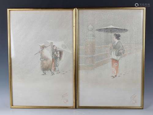 A pair of Japanese watercolour paintings, early 20th century...