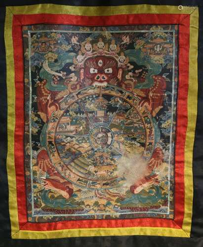 A Tibetan thangka, 20th century, painted with Mahakala clutc...