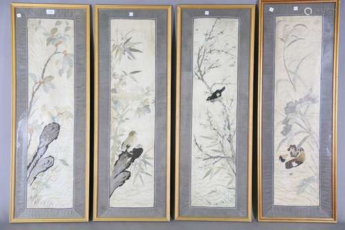 A set of four Chinese silk embroidered rectangular panels, e...