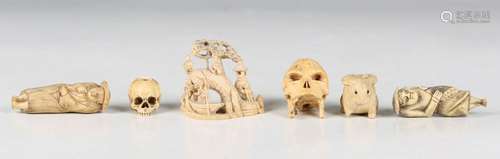 A Japanese carved ivory okimono netsuke, Meiji period, model...