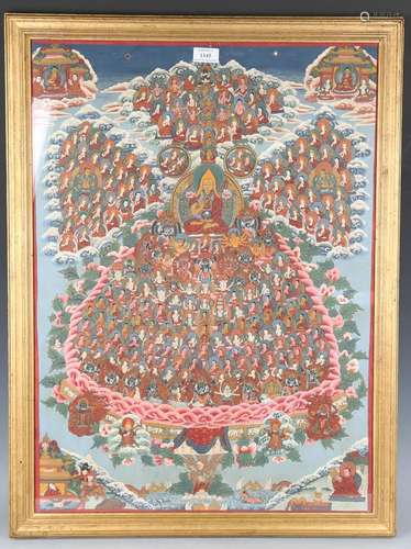 A Tibetan thangka, 19th century, painted and gilt with centr...